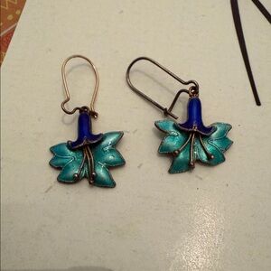 Vintage Silver Blue and Teal Leaf Earrings